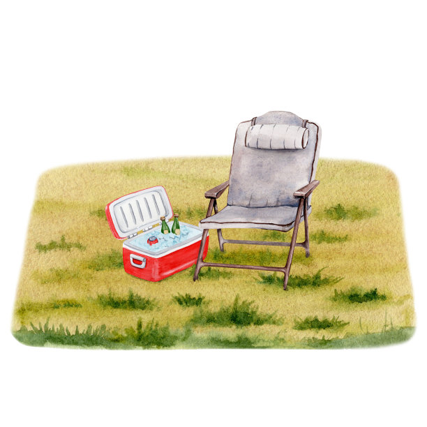 露营组成的折叠椅和一个凉爽的盒子在草地的背景。为游客或旅游印刷品，传单，设计。手绘元素。水彩插图孤立的白色背景图片下载