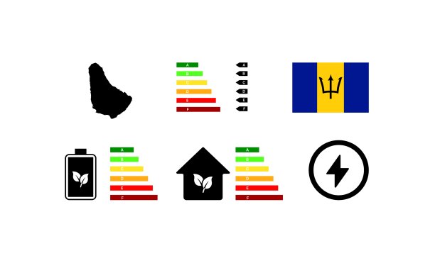 巴巴多斯国旗。巴巴多斯的字母评级。电力，房屋，闪电，大陆评级图标。平的风格。矢量图标图片下载