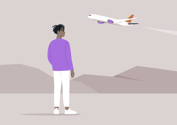 宁静的黄昏飞行观察一个孤独的身影站在那里看着一架飞机在昏暗的天空中上升图片下载