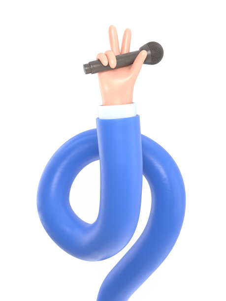 卡通手势图标模型。卡通手拿麦克风和显示胜利的手势。白色背景的3D渲染。长臂概念。图片下载