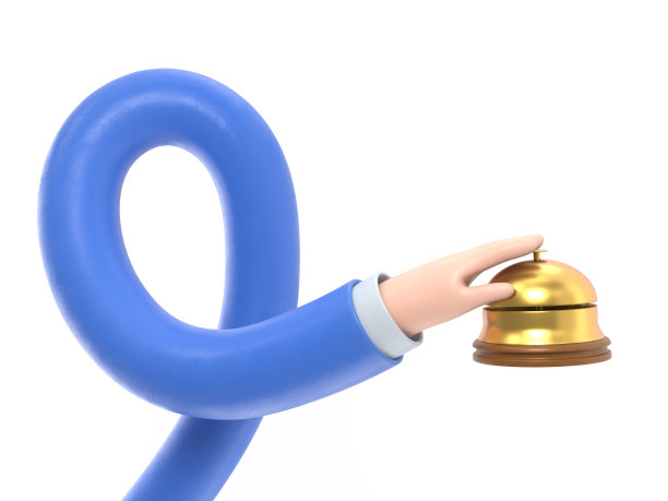 男手按服务铃。服务钟，扁平化设计风格。3 d演示。前台的客户按呼叫按钮。贝尔酒店。白色背景的3D渲染。长臂概念。图片下载