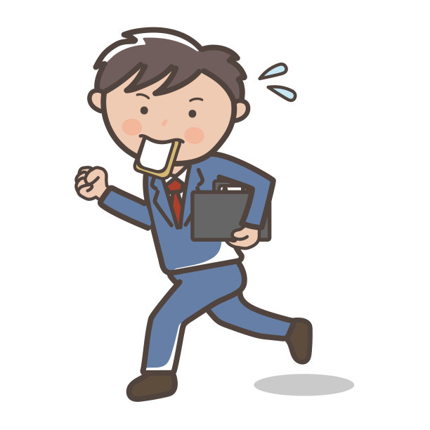 一个男商人嘴里叼着一块面包，匆忙地跑着图片下载