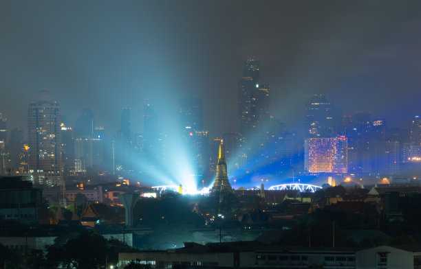 从空中俯瞰的黎明寺或笏阿伦与城市城镇在Rattanakosin岛的建筑，城市老城区，曼谷的天际线。泰国市中心。图片下载