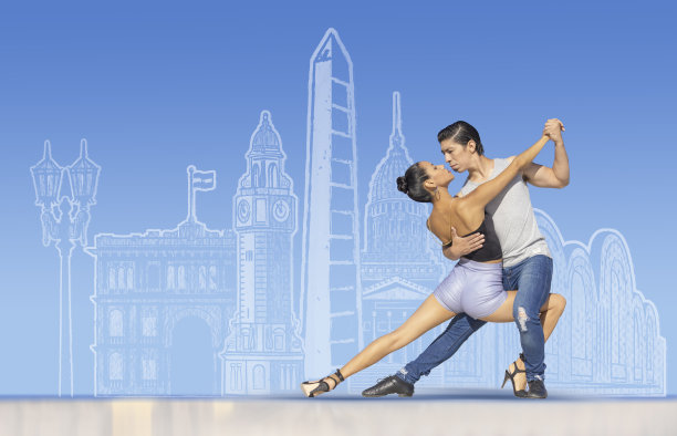 阿根廷情侣在布宜诺斯艾利斯插画前跳探戈舞图片下载