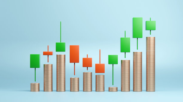 图形的三维烛台在股票市场与货币，3D渲染图片下载