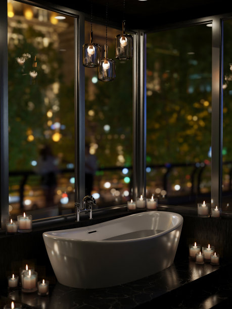 豪华的现代浴室在晚上与浴缸附近的窗口和浪漫的烛光。图片下载