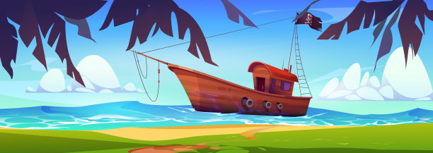 卡通夏季海景与海盗船。图片下载