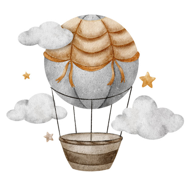 米色热气球和篮子在云和星星中飞行。可爱的婴儿飞机。水彩插图。孤立。设计儿童用品，服装，明信片，婴儿淋浴房和儿童房图片下载