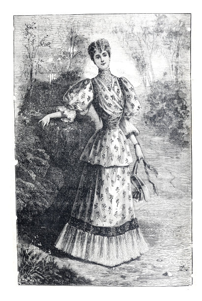 穿着得体的女士，穿着古装的女士。公主裙或女王裙。老式的衣服。时尚产业。19世纪的服装。18世纪的服装。精英的裙子。图片下载