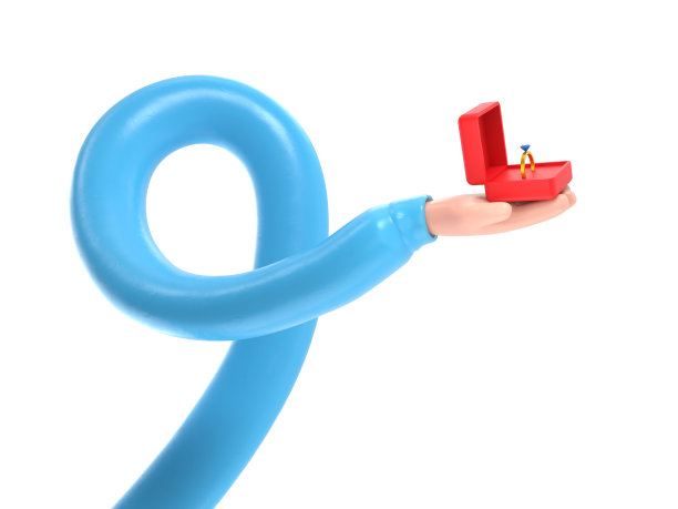 婚姻的建议。三维插图等距三维设计。男人手里拿着一个打开的盒子，里面装着结婚戒指和钻石。白色背景的3D渲染。长臂概念。图片下载