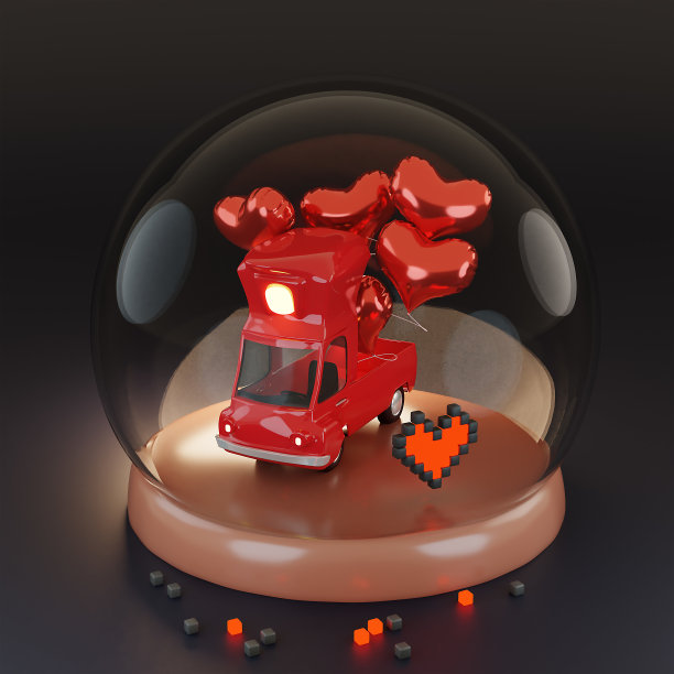 情人节快乐横幅贺卡爱气球和汽车在玻璃。3d渲染。图片下载