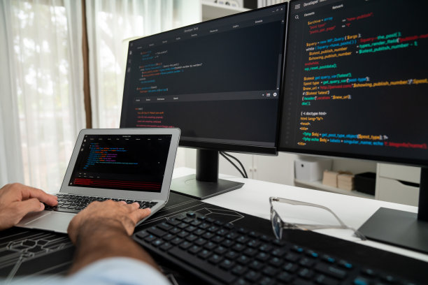 IT开发人员在笔记本电脑上编写代码时剪短的打字手照片。推测。图片下载