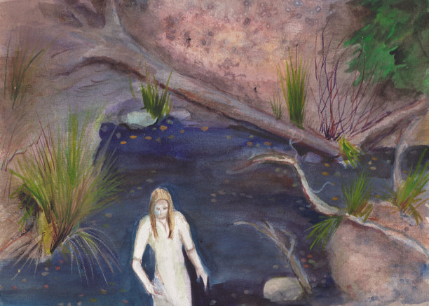 Woman crossing a stream in the forest图片下载