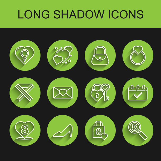 带有3月8日、女士鞋、心形女性性别符号、购物袋、搜索、信封、日历和城堡钥匙形状的心形线条图标矢量素材图片下载