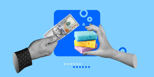 保洁、家政服务、支付交易、金融及支付保洁服务理念。一只手拿着100美元，另一只手拿着三块清洁海绵。极简艺术拼贴图片下载