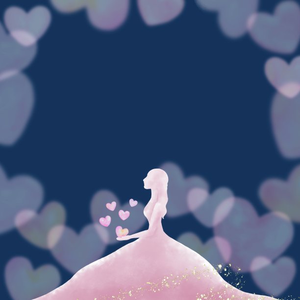 一个浪漫的框架，一个女人的剪影穿着婚纱和许多心。图片下载