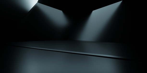 三维渲染的黑色抽象几何背景。广告设计、陈列室、科技、未来、现代、运动、游戏、虚拟世界、化妆品、仓库、车库场景。科幻插画图片下载