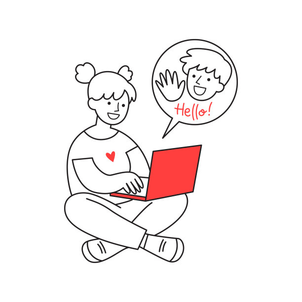 用笔记本电脑与朋友在线聊天的卡通年轻女人涂鸦插画图片下载