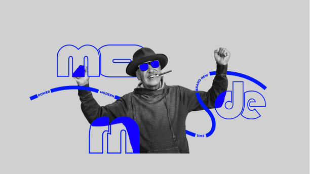 一位戴着墨镜和帽子的开朗的老人，一边抽烟，一边以积极的姿态站在现代世界。有使用互联网服务的良好经验。图片下载