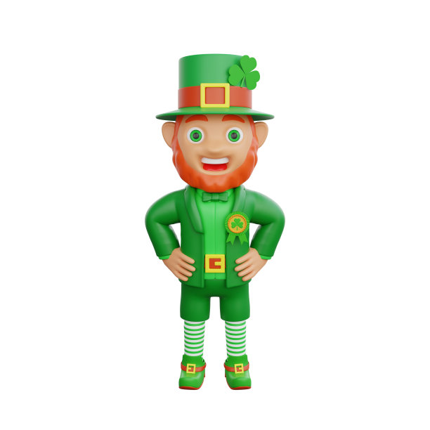 圣帕特里克节角色小妖精自豪地展示徽章的3D插图图片下载
