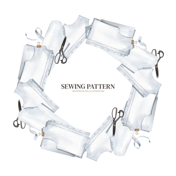 用缝纫图案编织花环。定制。文本的圆框。水彩插画为背景设计，包装，卡片。男女时装图片下载