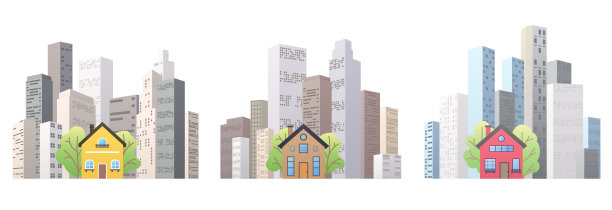 城市海报套装。出租或出售的建筑物。租赁或出售商业物业的选择概念。在大都市的房子现代城市景观。矢量图图片下载