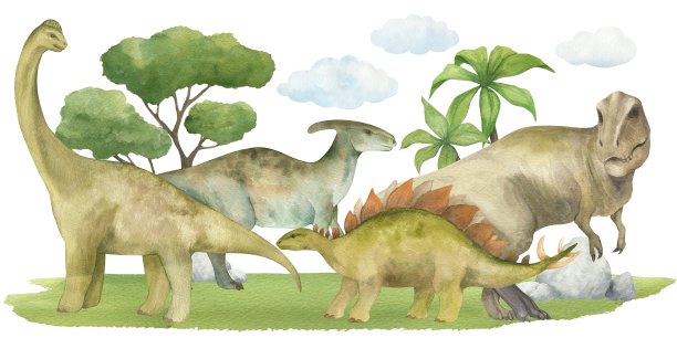 水平横幅或框架与恐龙，树木，草，云。水彩插图。无缝模式。用于设计儿童房装饰，墙纸，请柬，横幅，明信片，印刷品图片下载