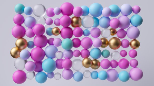 3d渲染，抽象现代壁纸。粉红色、蓝色和金色的塑料球、珠子或药丸。五彩缤纷的粒子。图片下载