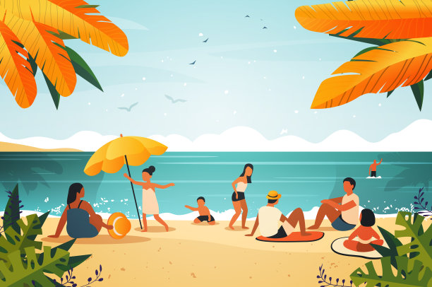游客团在热带沙滩上放松，人们享受暑假时光，以旅游概念海景背景横向图片下载