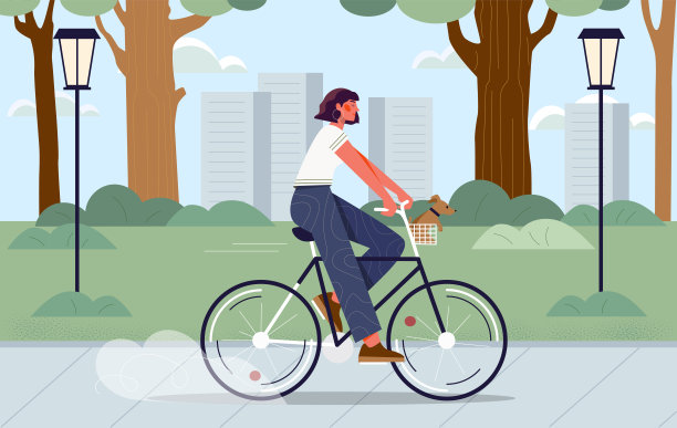 骑自行车的女人带着狗矢量图片下载