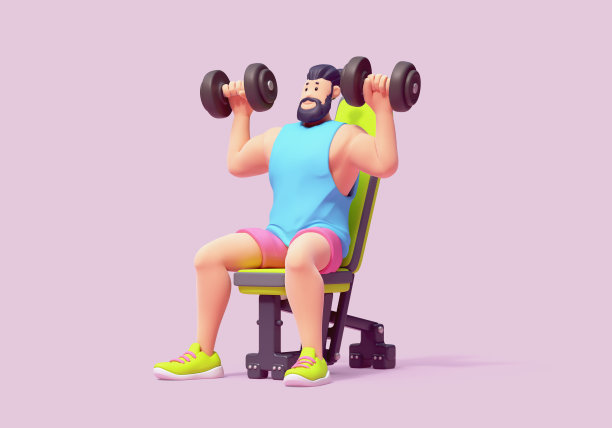 这个长着胡子的黑发男人穿着运动服，粉红色的短裤，蓝色的背心，绿色的运动鞋，手里拿着哑铃，坐在举重台上。3d渲染柔和的颜色图片下载