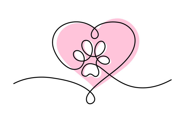 猫或狗的爪子与大心脏在连续一行绘制标志。最小的线条艺术。动物照片打印在框架。宠物爱情观。图片下载