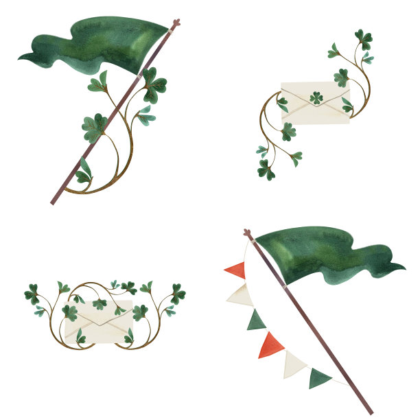 圣帕特里克节的一套插图。明信片和爱尔兰节日装饰的构图。孤立的水彩插图在白色的背景。图片下载