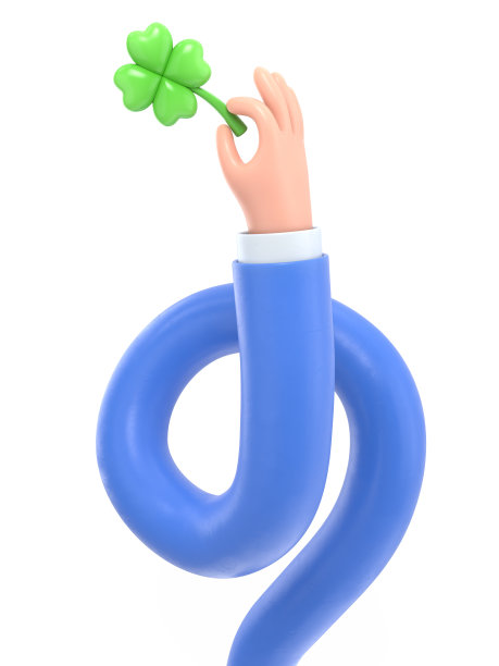 卡通手势图标模型。3d图标手持三叶草。商业臂与绿色三叶草，幸运和成功的象征，3D渲染在白色背景。长臂概念。图片下载