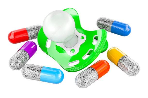 带药胶囊的婴儿安抚奶嘴。婴儿医学概念，3D渲染图片下载