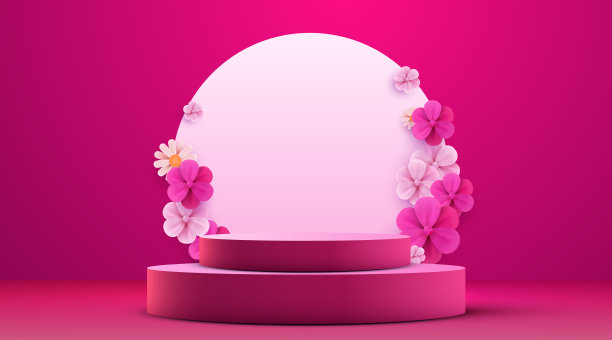 产品展示妇女节横幅。粉红色的底座或讲台，粉红色的背景上有数字花。图片下载