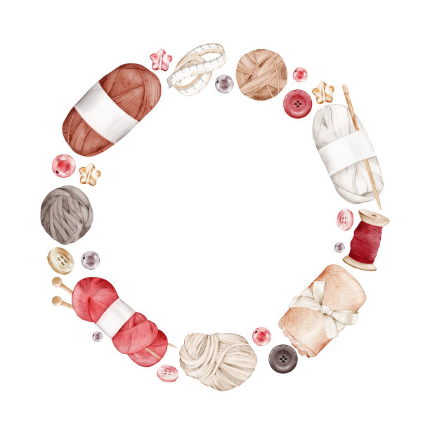 水彩框架用羊毛球，纱线，编织针，钩针，纽扣，珠子。证书模板，小册子，明信片，宣传册图片下载