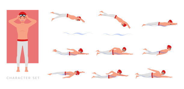 大集的男性游泳者的性格矢量设计。呈现在各种动作与情绪，跑，站和走。图片下载