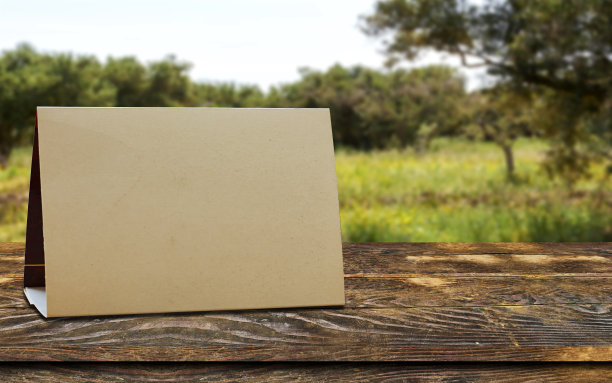 模拟在酒吧餐厅的空白菜单框上贴标签。白纸压克力帐篷卡在桌子上，背景模糊，可以插入文字或图片图片下载