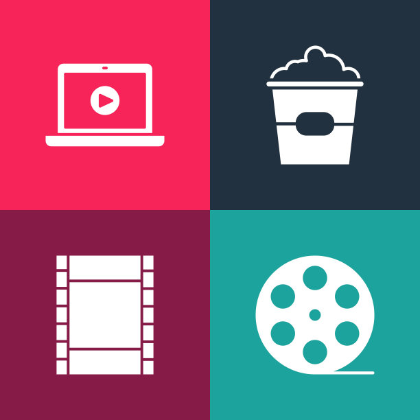 集波普艺术电影卷轴，播放视频，爆米花盒和在线播放视频图标。向量图片下载