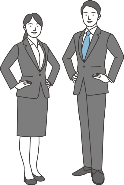 一男一女穿着正装，面带微笑，双手叉腰。图片下载