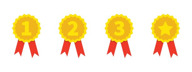 一套带有星号和数字1、2、3的金牌，用红丝带装饰。获奖者的金牌，简单说明。图片下载