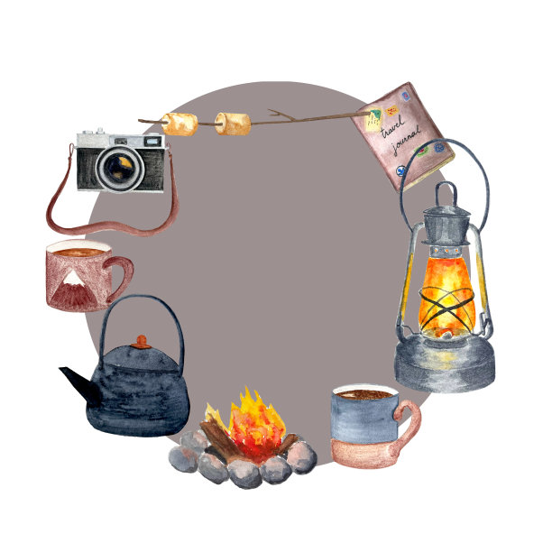 水彩冒险圆粉灰色框架，营地符号图片下载