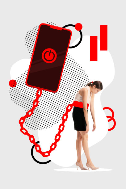 现代美学艺术作品。屏幕上带有关闭按钮的巨大红色电话将试图离开它的妇女绑在链子上。数字排毒。图片下载