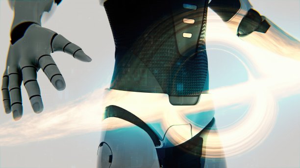 人形机器人。太阳系和太阳重叠。图片下载