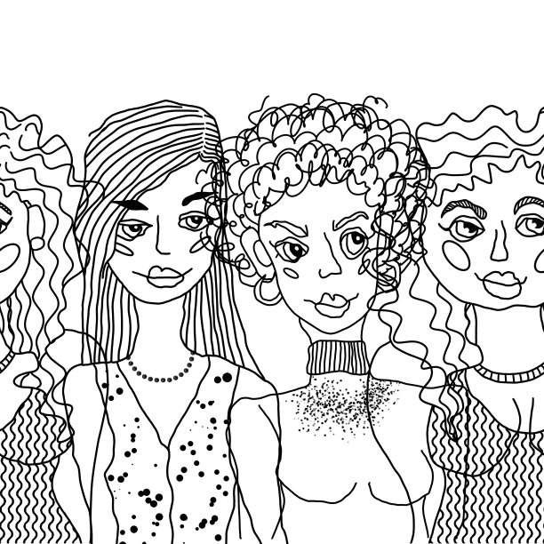 不同的女孩。黑白手绘线条艺术。图片下载