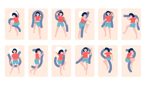 孕期睡眠姿势：孕妇用枕头以不同舒适姿势睡觉。健康的梦，最近的孕妇准备矢量集图片下载
