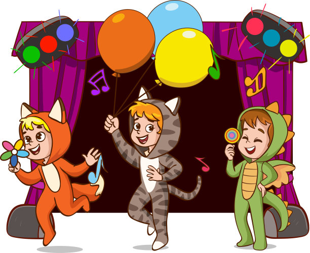 儿童演员在舞台上表演戏剧。彩色矢量插图有才华的学校儿童戏剧表演。图片下载