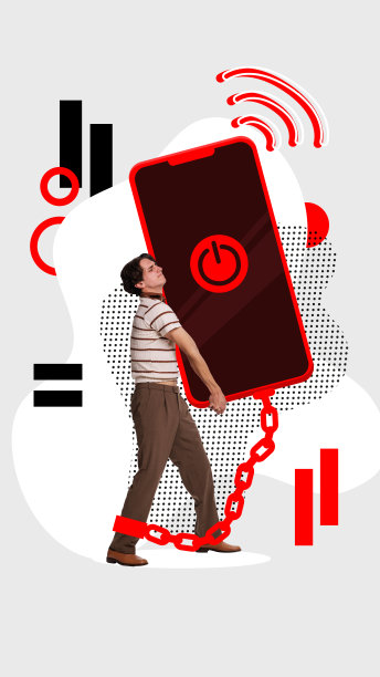 现代美学艺术作品。年轻人，男人被拴在巨大的红色手机上，手机上有红色的关机按钮。数字排毒。图片下载