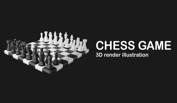 象棋游戏横幅和复制空间黑色背景，3D渲染象棋插画概念图片下载